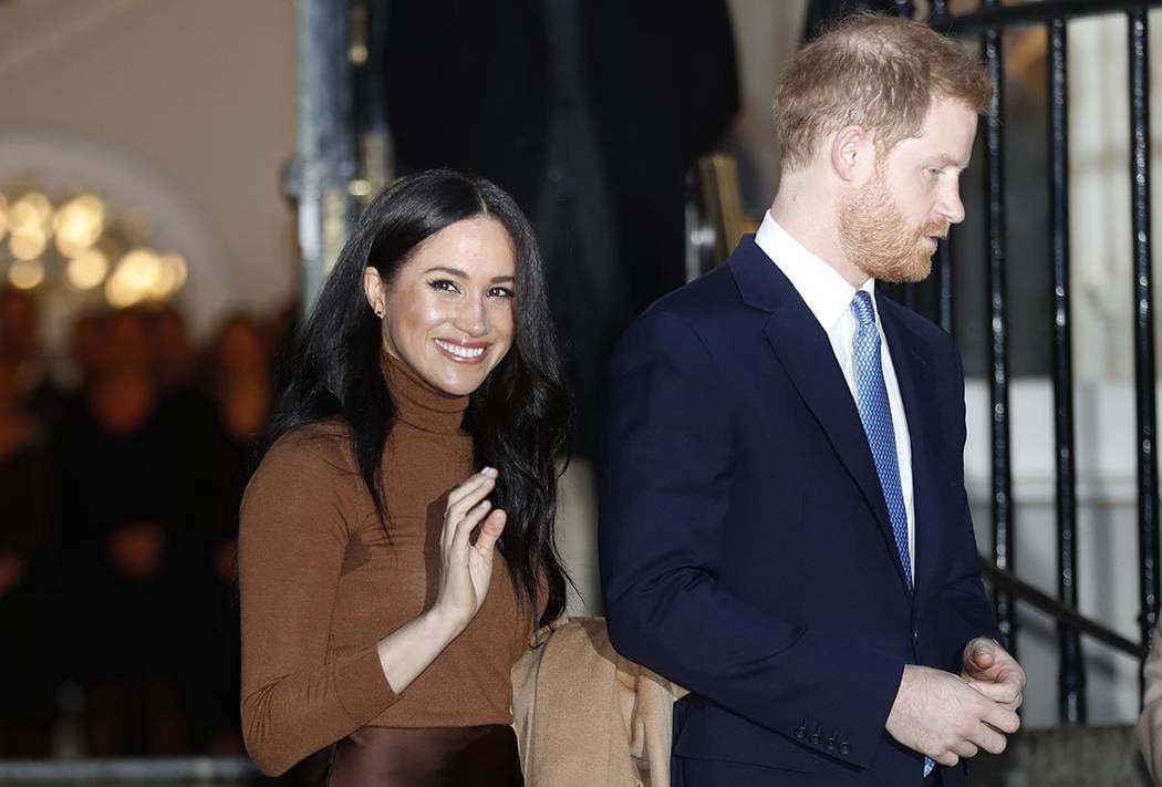 In a Jan. 7, 2020, file photo, Britain's Prince Harry and Meghan, Duchess of Sussex leave after ...