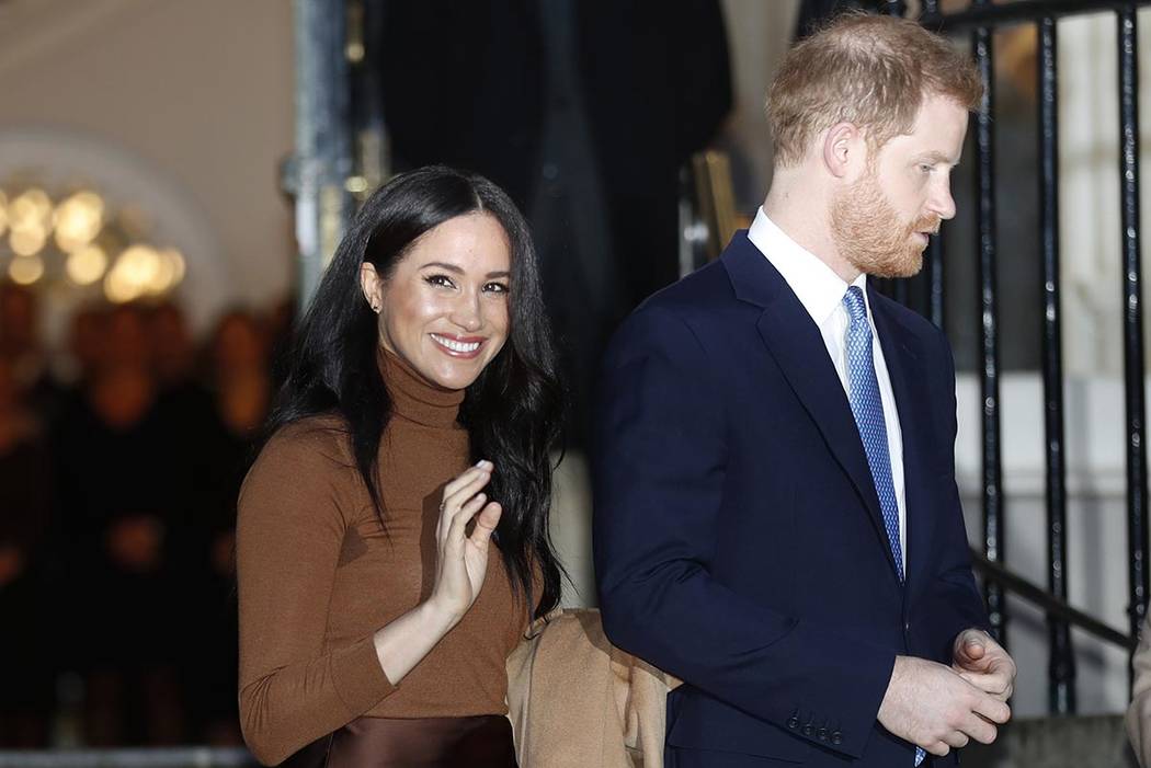 FILE - In this Jan. 7, 2020, file photo, Britain's Prince Harry and Meghan, Duchess of Sussex l ...