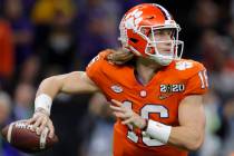Clemson quarterback Trevor Lawrence passes against LSU during the second half of a NCAA College ...