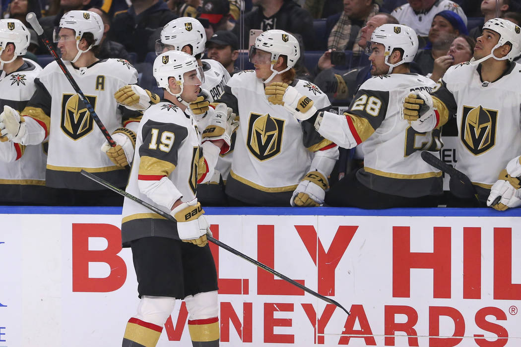 Vegas Golden Knights forward Reilly Smith (19) celebrates his goal during the third period of a ...