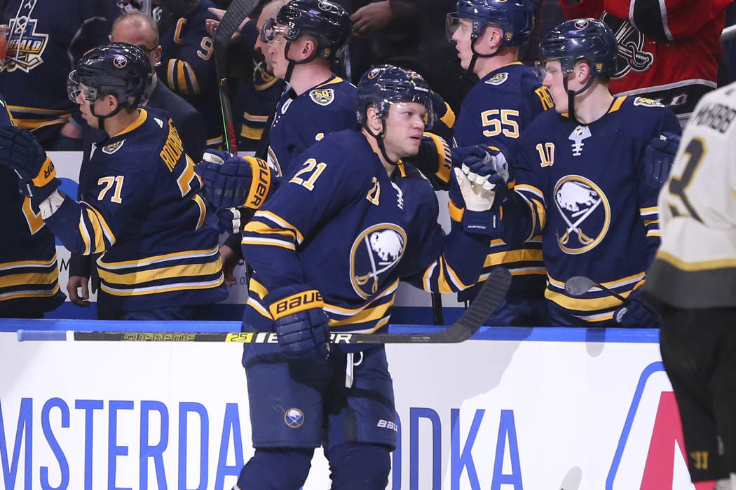 Buffalo Sabres forward Kyle Okposo (21) celebrates his goal during the second period of an NHL ...