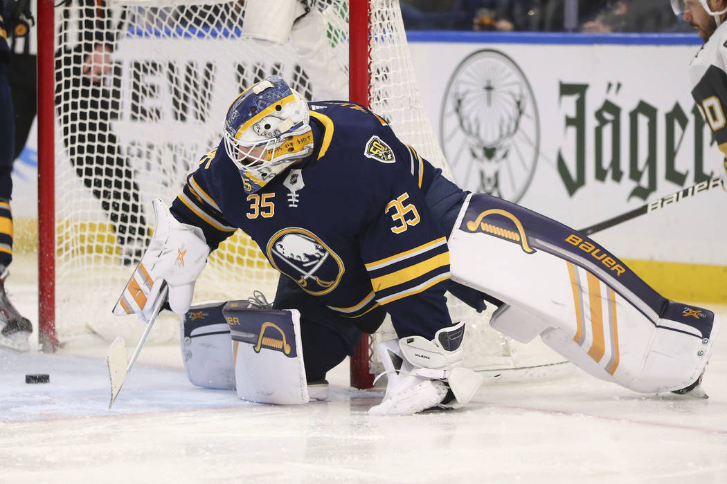 Buffalo Sabres goalie Linus Ullmark (35) watches the puck go in the net during the second perio ...
