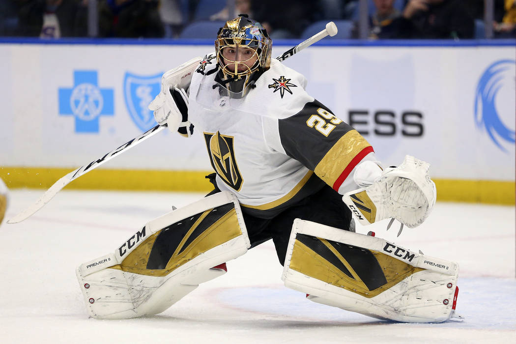Vegas Golden Knights goalie Marc-Andre Fleury (29) slides across the crease during the first pe ...