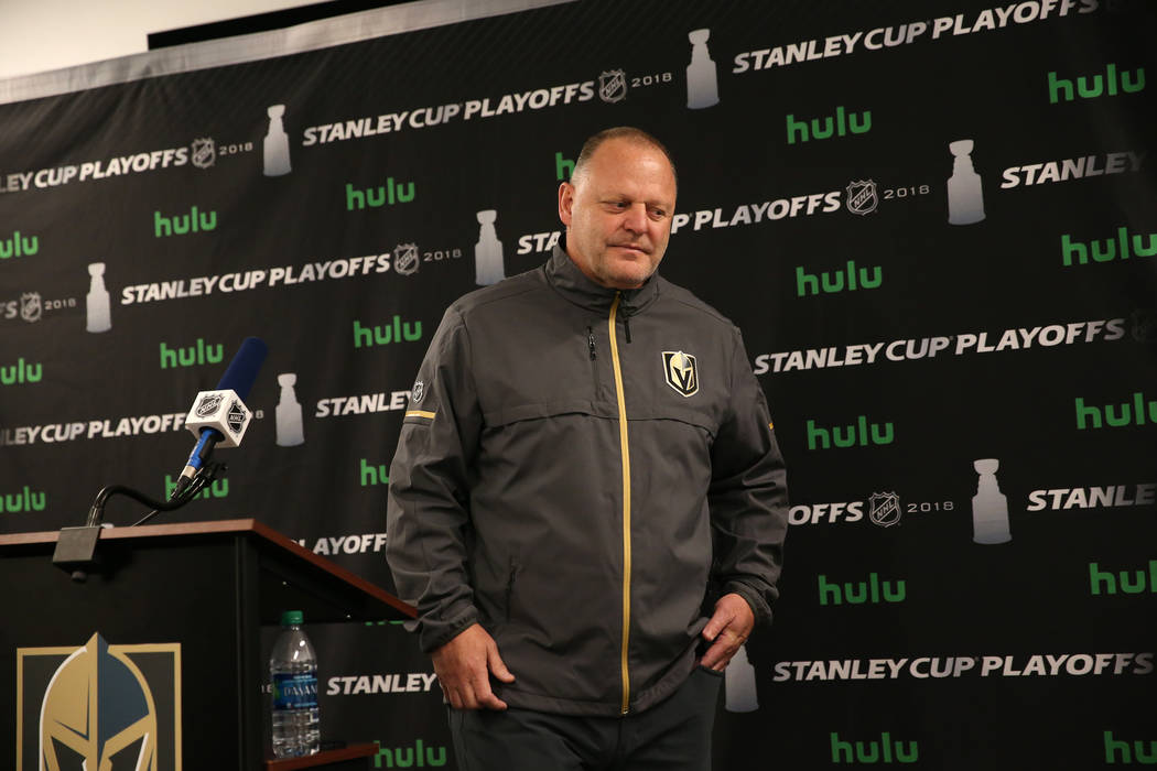 Vegas Golden Knights head coach Gerard Gallant speaks during a press conference at City Nationa ...