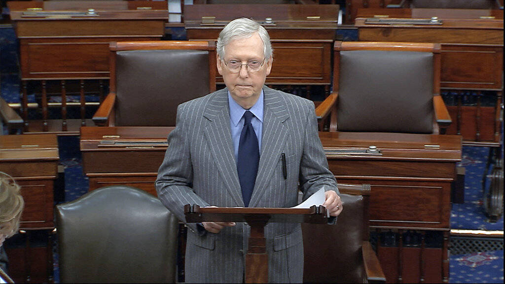 In this image from video, Senate Majority Leader Mitch McConnell of Ky., speaks after the Senat ...