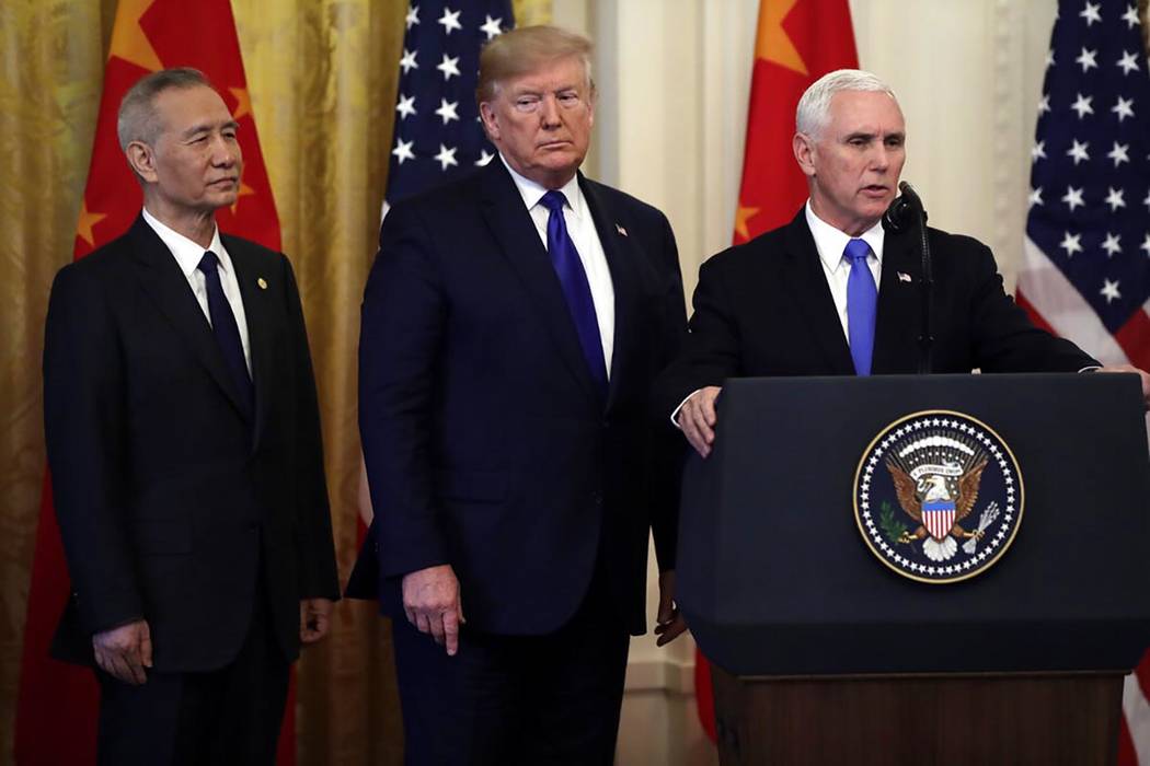 Vice President Mike Pence speaks as President Donald Trump and Chinese Vice Premier Liu He, lis ...