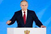 Russian President Vladimir Putin addresses the State Council in Moscow, Russia, Wednesday, Jan. ...