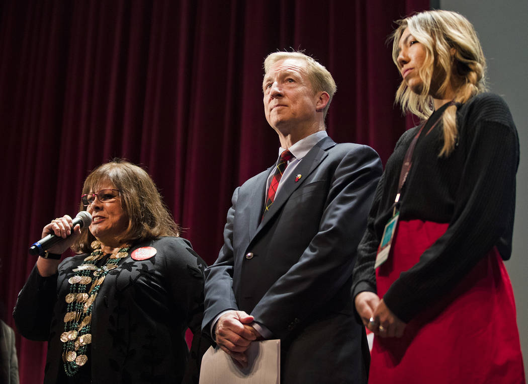 Susan Masten, left, co-president of Women Empowering Women for Indigenous Women, introduces Dem ...