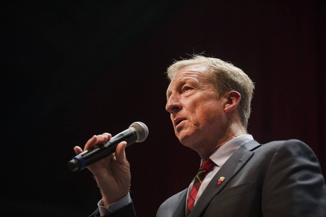 Democratic presidential candidate Tom Steyer addresses the audience at a Native American Presid ...