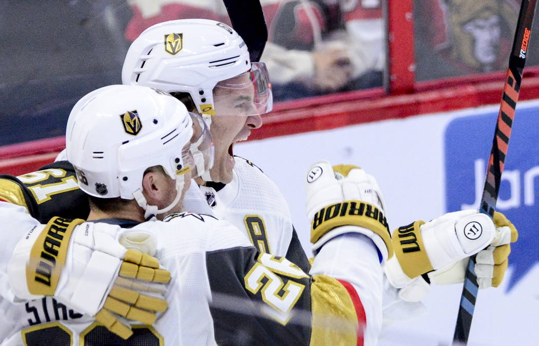 Vegas Golden Knights centre Paul Stastny (26) celebrates a goal with Vegas Golden Knights right ...