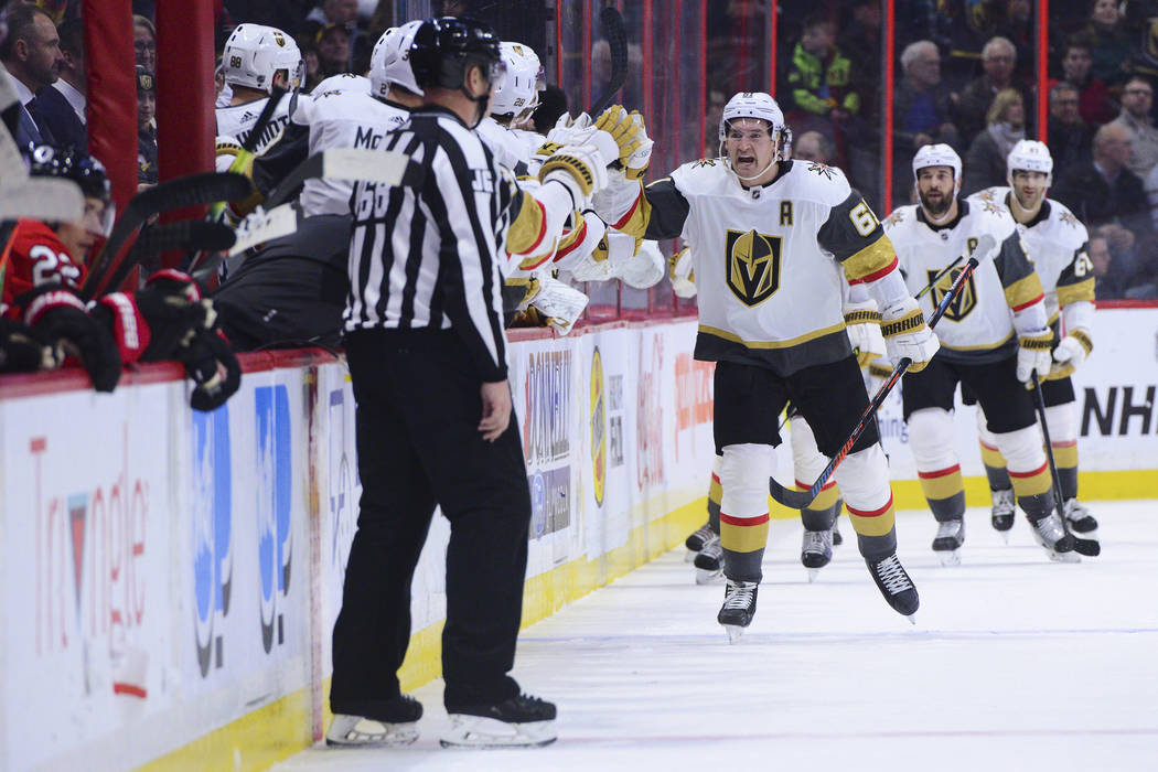 Vegas Golden Knights right wing Mark Stone (61) celebrates a goal against the Ottawa Senators d ...