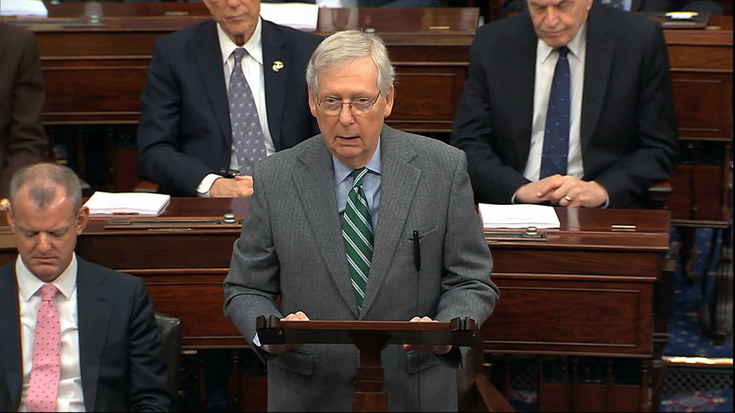 In this image from video, Majority Leader Sen. Mitch McConnell, R-Ky., speaks as the impeachmen ...