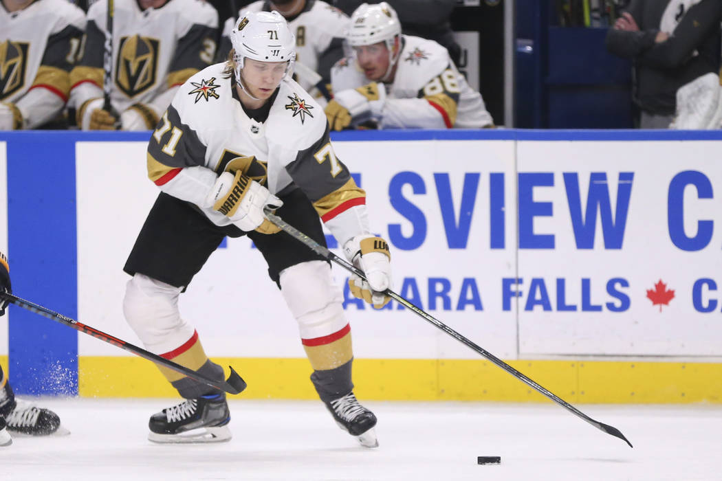 Vegas Golden Knights forward William Karlsson (71) controls the Puck during the third period of ...