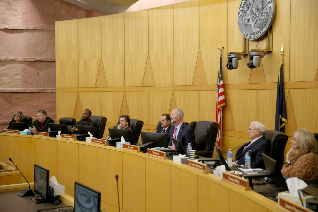 Las Vegas Stadium Authority board members, from left, Geoconda Argello-Kline, Mike Newcomb, Ken ...
