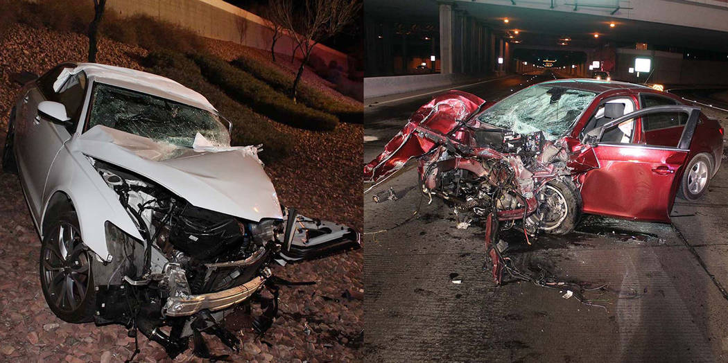 A white Audi and a Chevy Cruz are seen after a crash on the Airport Connector near McCarran Int ...