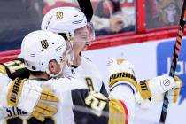 Vegas Golden Knights centre Paul Stastny (26) celebrates a goal with Vegas Golden Knights right ...