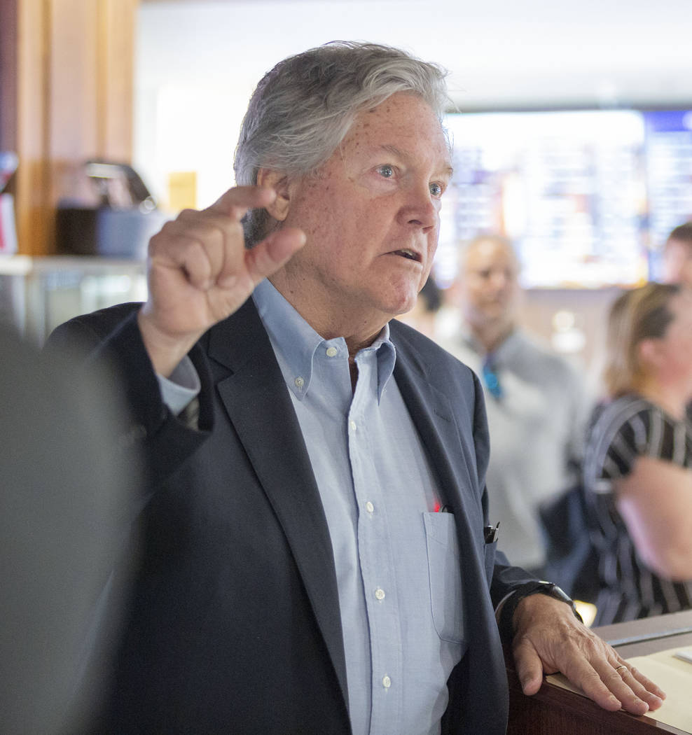 Clark County Commissioner Tick Segerblom speaks during Jardin Cannabis Dispensary's third annua ...