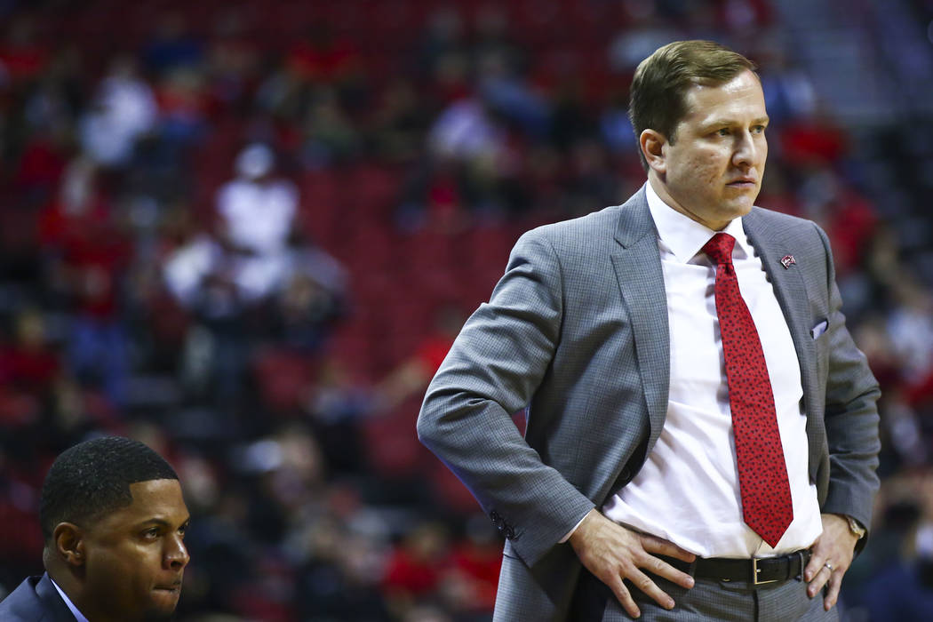 UNLV head coach T.J. Otzelberger looks on during the second half of a basketball game against S ...