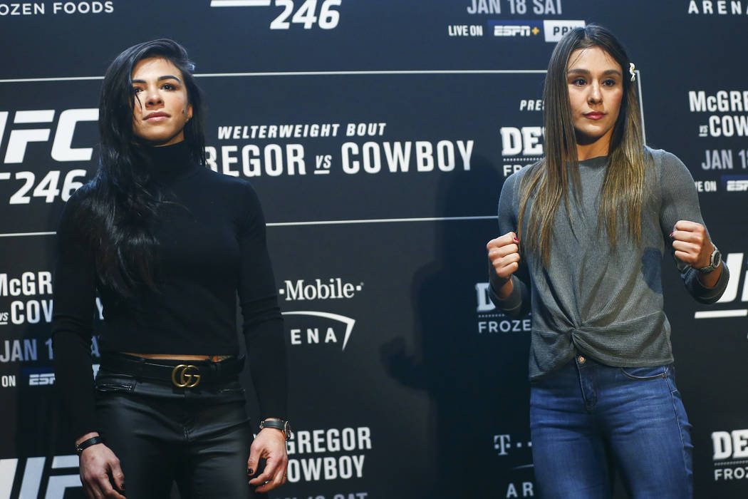 Claudia Gadelha, left, poses with Alexa Grasso during media day ahead of UFC 246, slated for Ja ...