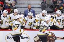 Vegas Golden Knights new head coach Peter DeBoer is seen on the bench as Vegas Golden Knights c ...