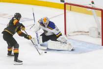 Golden Knights' Chandler Stephenson (20) lines up his game-winning shot against St. Louis Blues ...