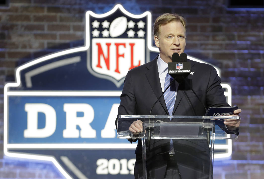 NFL Commissioner Roger Goodell speaks ahead of the first round at the NFL football draft, Thurs ...