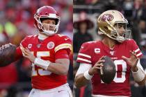 Kansas City quarterback Patrick Mahomes, left, and San Francisco quarterback Jimmy Garoppolo (T ...