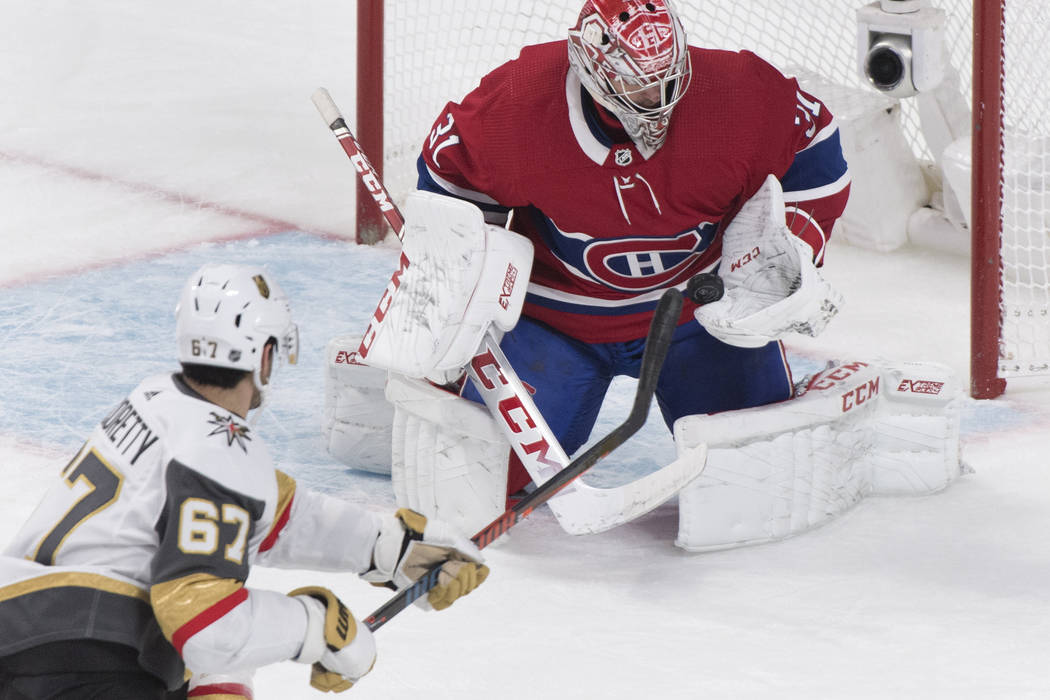 Vegas Golden Knights' Max Pacioretty (67) shoots against Montreal Canadiens goaltender Carey Pr ...
