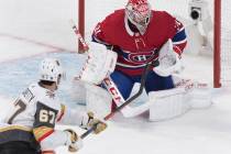 Vegas Golden Knights' Max Pacioretty (67) shoots against Montreal Canadiens goaltender Carey Pr ...