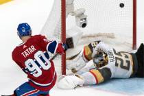 Montreal Canadiens' Tomas Tatar (90) scores against Vegas Golden Knights goaltender Marc-Andre ...