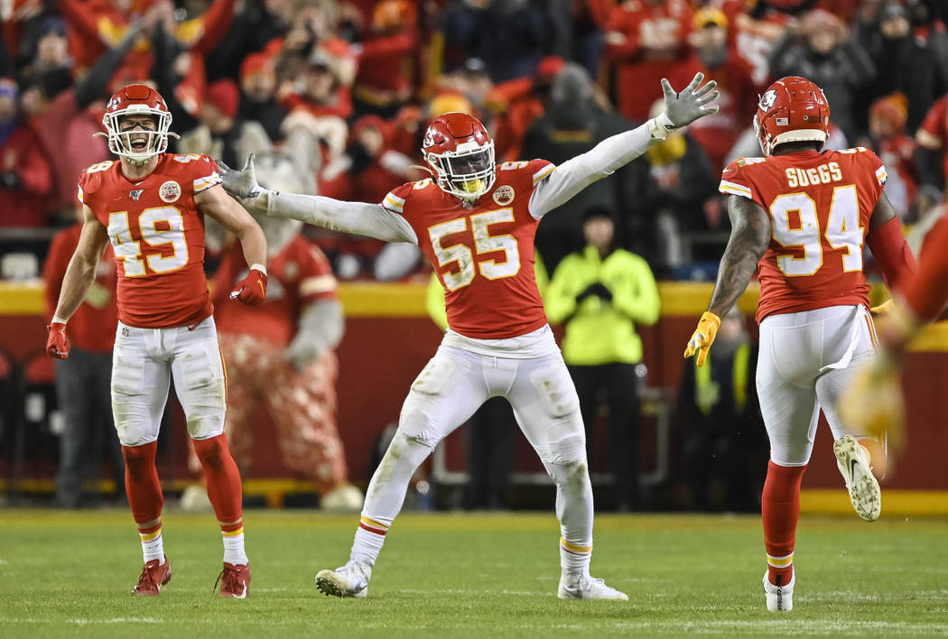 Kansas City Chiefs defensive end Frank Clark (55), Kansas City Chiefs outside linebacker Terrel ...