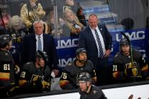 Vegas Golden Knights head coach Gerard Gallant, right, and assistant coach Mike Kelly, left, ar ...
