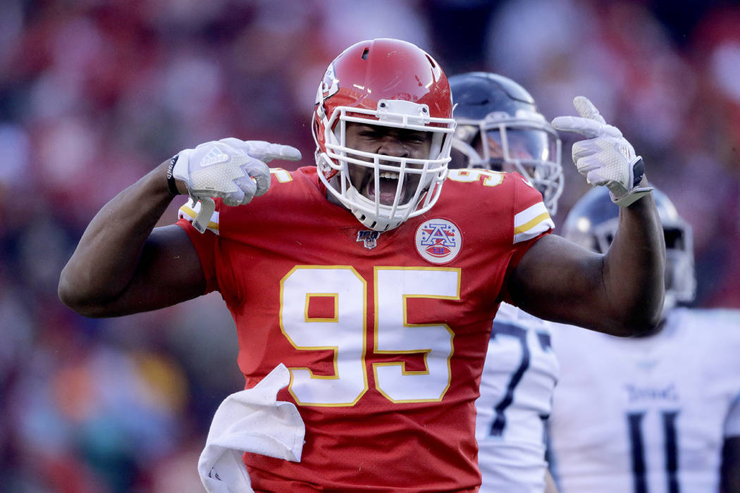 Kansas City Chiefs' Chris Jones reacts during the first half of the NFL AFC Championship footba ...