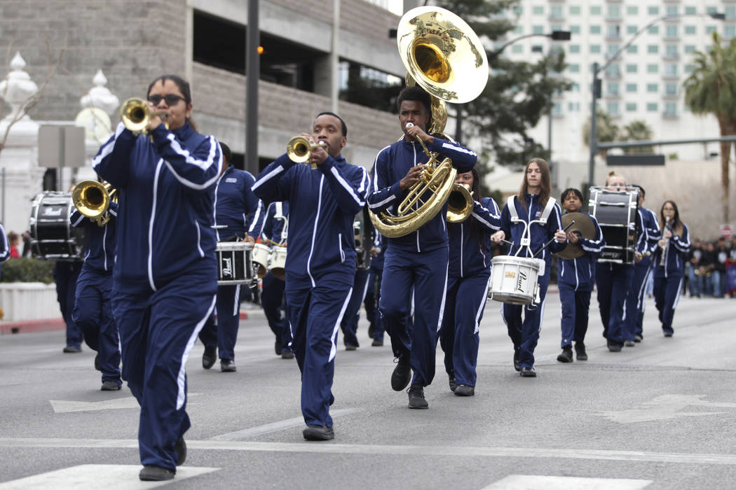 Cheyenne High School marching band members perform during the 38th annual Dr. Martin Luther Kin ...