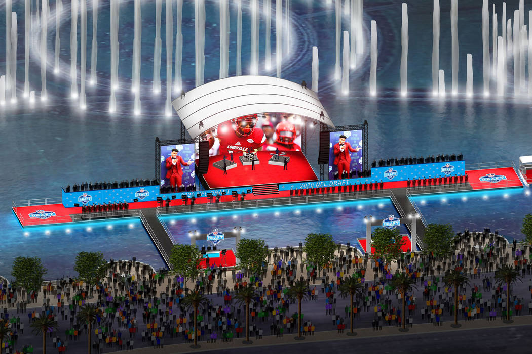 A rendering of a planned 2020 NFL Draft stage at the Bellagio Fountains in Las Vegas. (NFL)