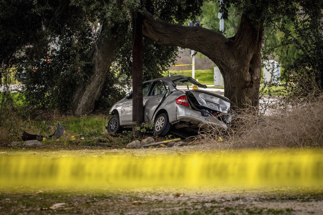 This photo shows a Toyota Prius at the scene of a deadly crash in the Temescal Valley, south of ...