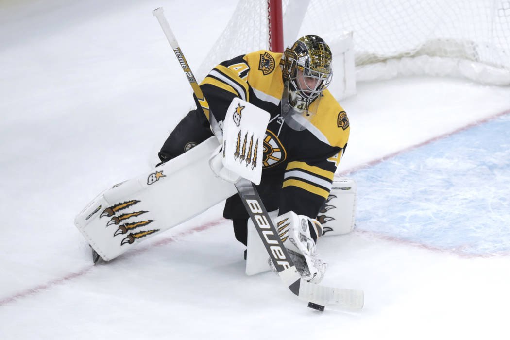 Boston Bruins goaltender Jaroslav Halak (41) makes a save during the first period of an NHL hoc ...