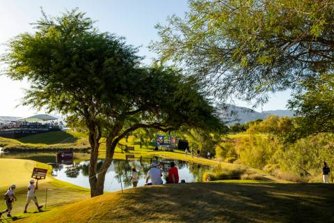 Gallery members take in the day at a water feature alongside the hole 18 fairway during the thi ...