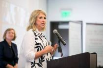Kris McGarry from the Engelstad Family Foundation speaks at the Legal Aid Center of Southern Ne ...