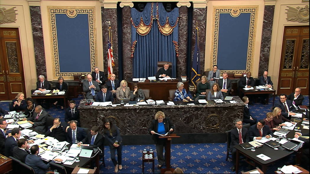 In this image from video, impeachment manager Rep. Zoe Lofgren, D-Calif., speaks in support of ...