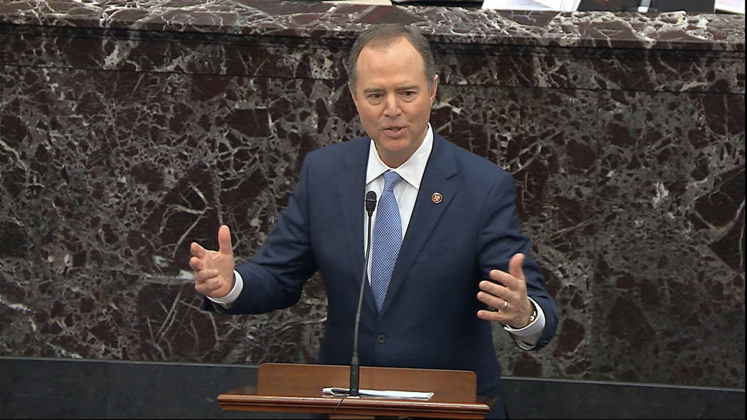 In this image from video, impeachment manager Rep. Adam Schiff, D-Calif., speaks during the imp ...