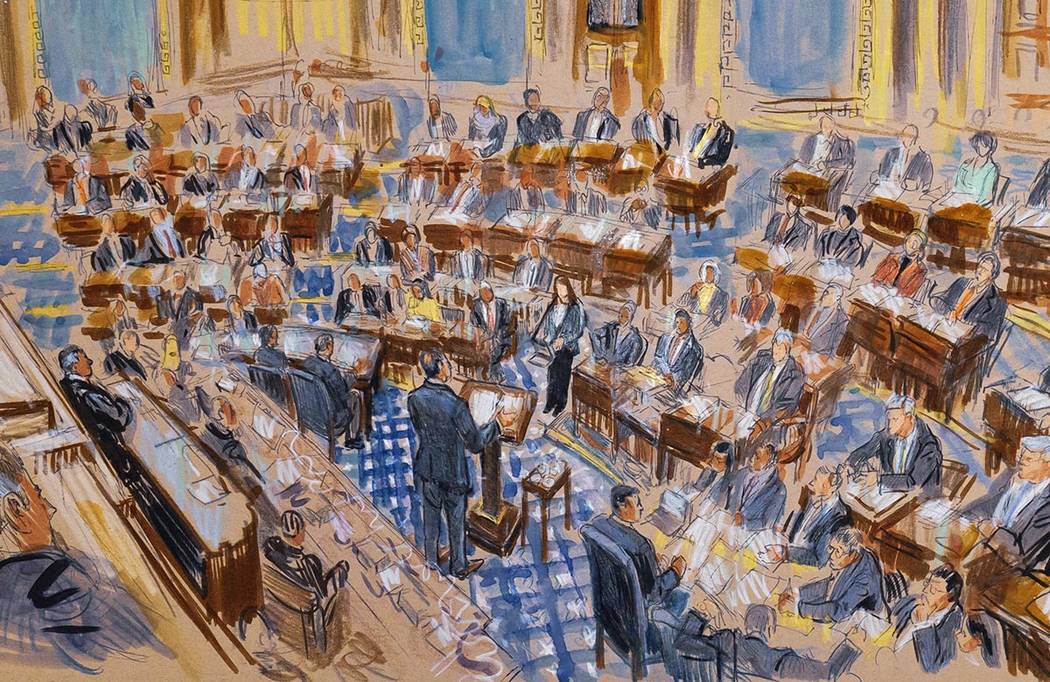 This artist sketch depicts White House counsel Pat Cipollone speaking in the Senate chamber dur ...