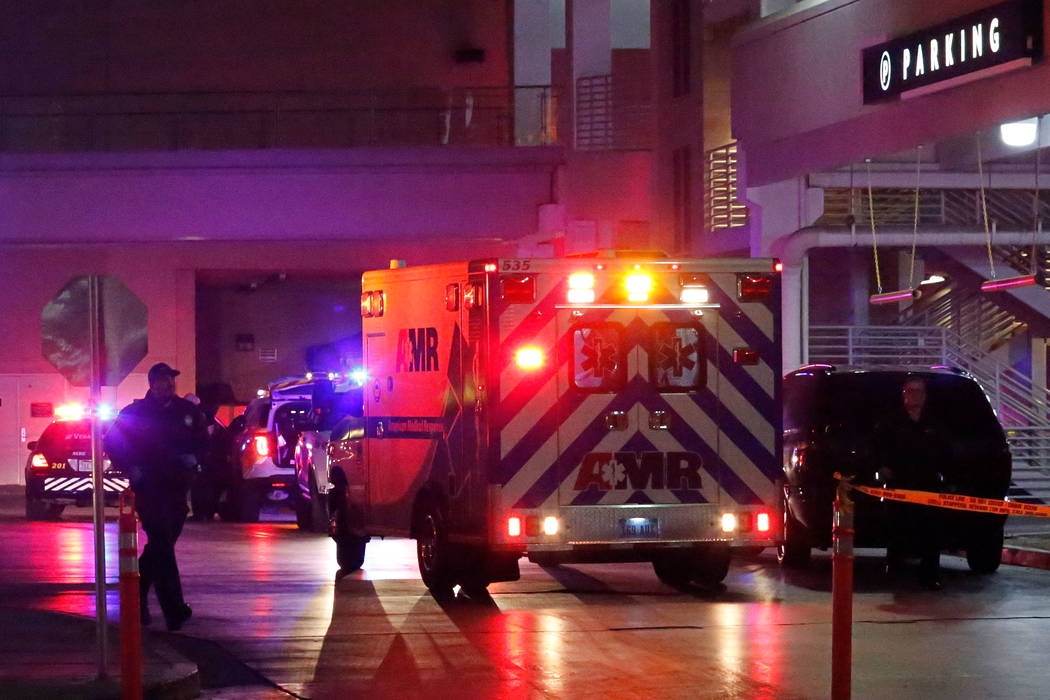 An ambulance is seen in front to the Nordstrom parking lot at the Fashion Show mall in Las Veg ...