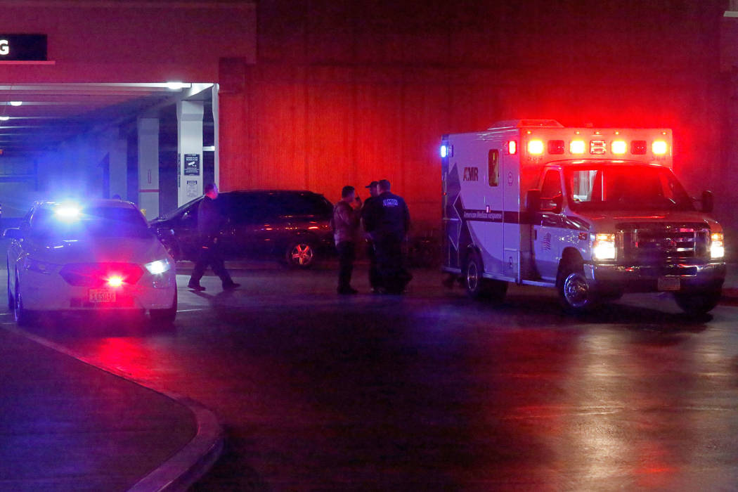 An ambulance is seen in front to the Nordstrom parking lot at the Fashion Show mall in Las Veg ...