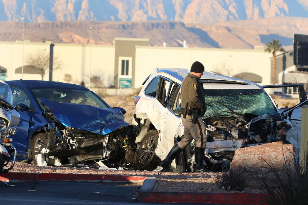 Las Vegas police investigate after one motorist was killed and another was injured in a three-v ...