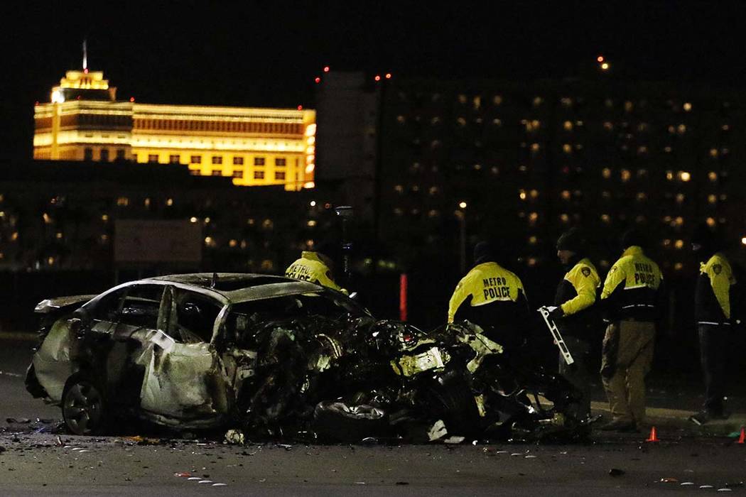 Las Vegas police investigate after one motorist was killed and another was injured in a three-v ...