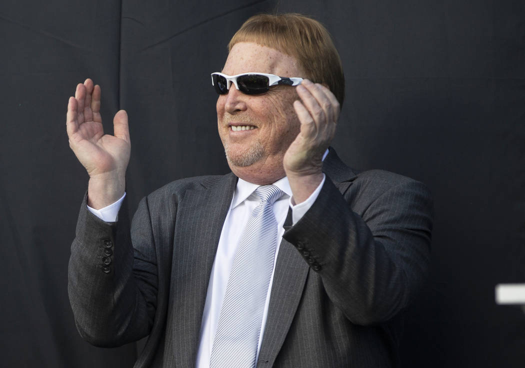 Raiders owner Mark Davis fires up the crowd during a special announcement at the Allegiant Stad ...