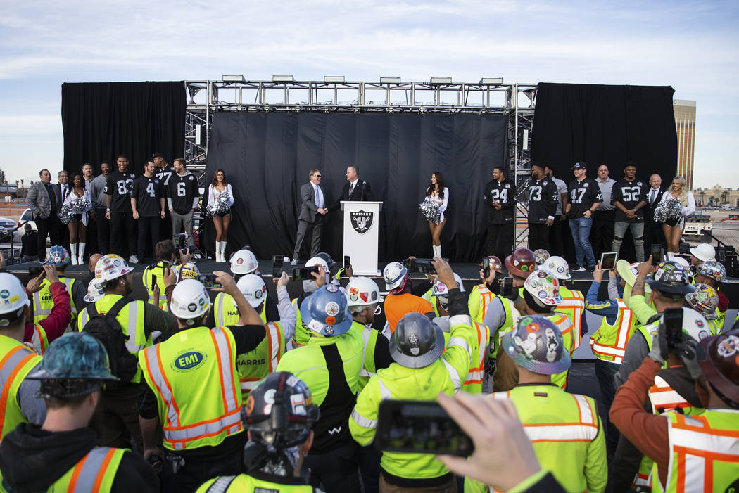 Raiders owner Mark Davis is introduced during a special announcement at the Allegiant Stadium ...