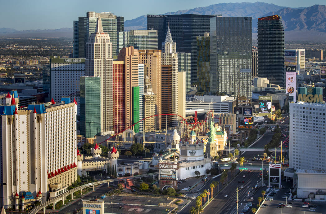 The Excalibur, New York-New York and other properties about the Las Vegas Strip during an aeria ...