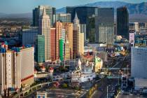 The Excalibur, New York-New York and other properties about the Las Vegas Strip during an aeria ...